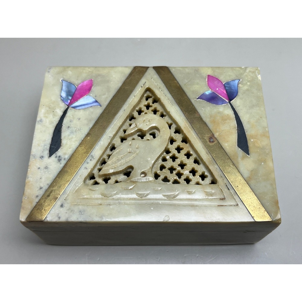 Vtg Hand Carved Soapstone Trinket Box Bird Lattice Brass Inlay 4 Inch India